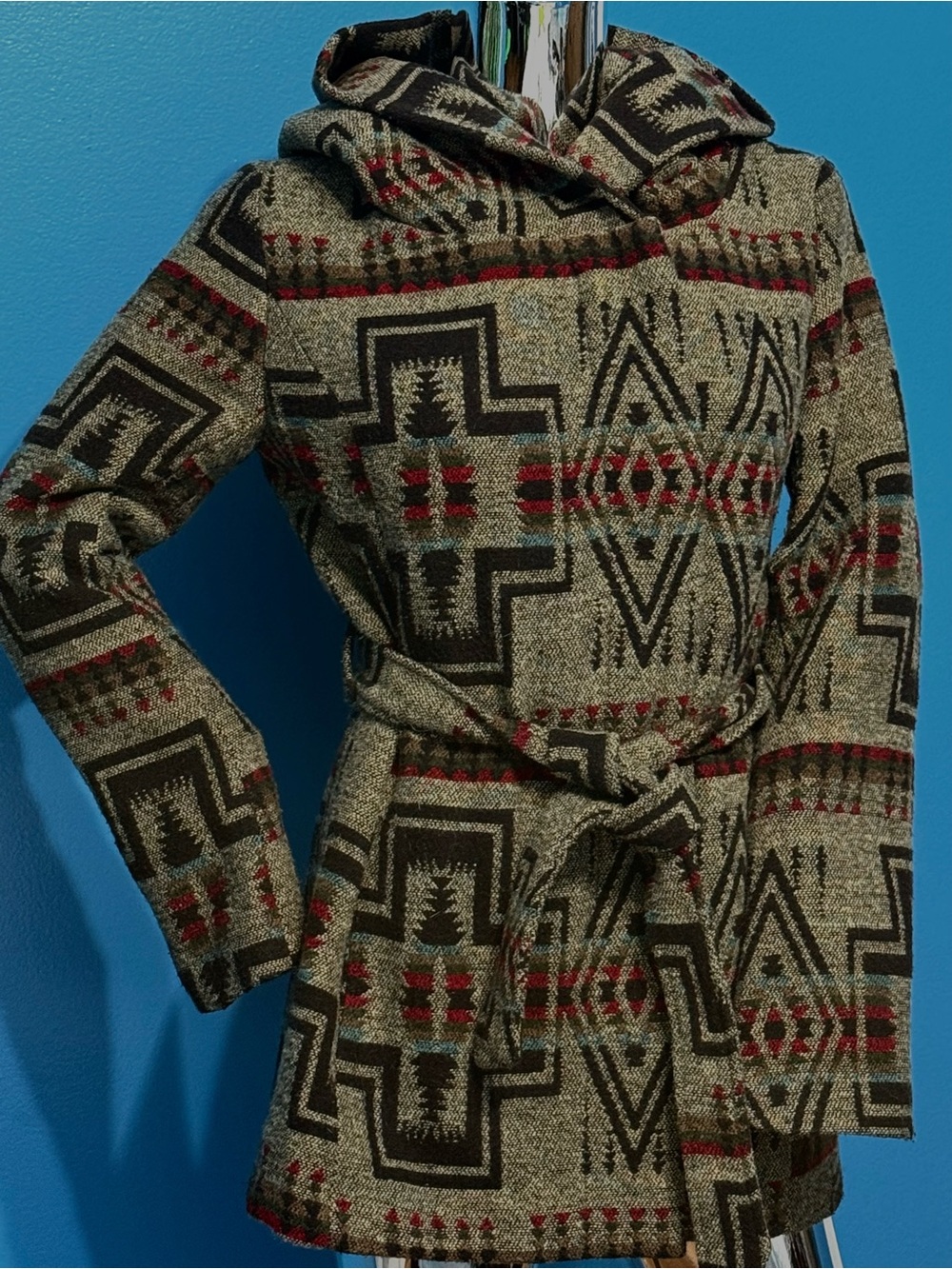 Mossimo Supply Co. Hooded Aztec Belted Coat - Gray & Red S/P
